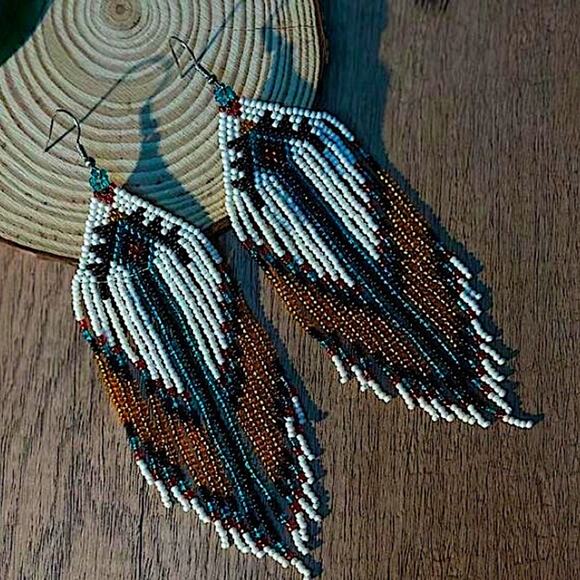 Handmade Beaded Boho Dangle Earrings Tribal Native - Picture 3 of 8